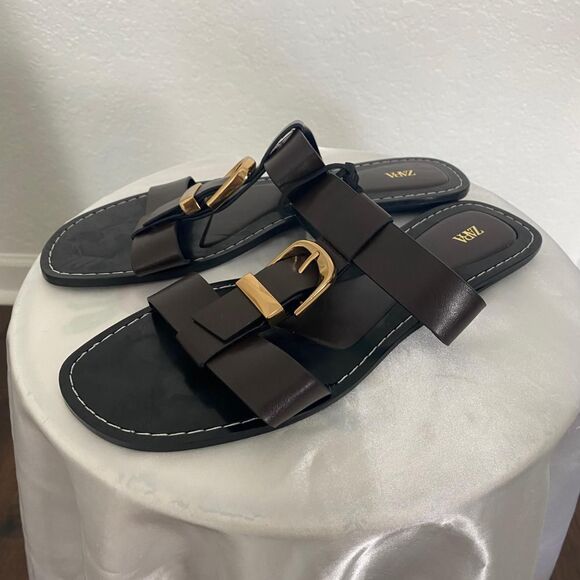 NWT Zara Boho Brown Double Strap Gold Buckle Sandal Slides US 10 / EU 41 - Picture 2 of 6